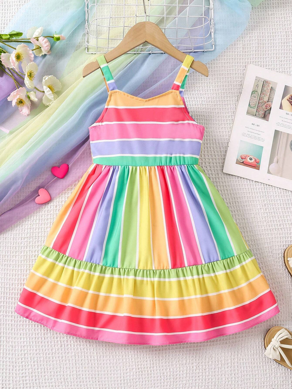 Girls' Colorful Striped Fashionable Simple Spaghetti Strap Dress For Summer