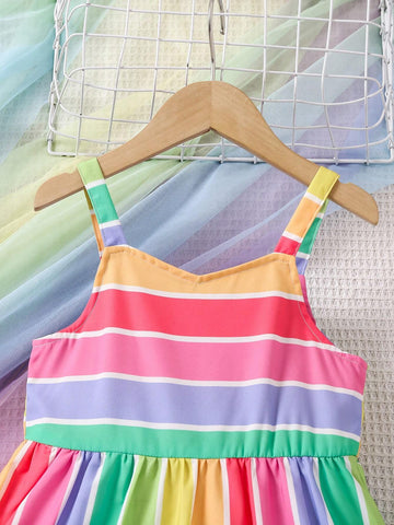 Girls' Colorful Striped Fashionable Simple Spaghetti Strap Dress For Summer