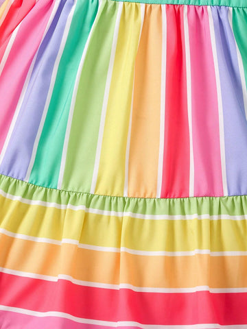 Girls' Colorful Striped Fashionable Simple Spaghetti Strap Dress For Summer