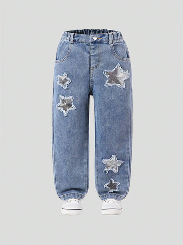Girls Comfortable Basic Casual Glitter Sequined Embroidered Star Wash Denim Jeans, Everyday Wear