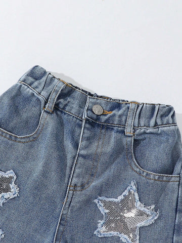 Girls Comfortable Basic Casual Glitter Sequined Embroidered Star Wash Denim Jeans, Everyday Wear
