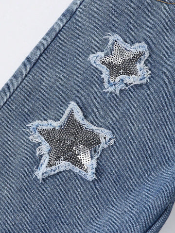 Girls Comfortable Basic Casual Glitter Sequined Embroidered Star Wash Denim Jeans, Everyday Wear