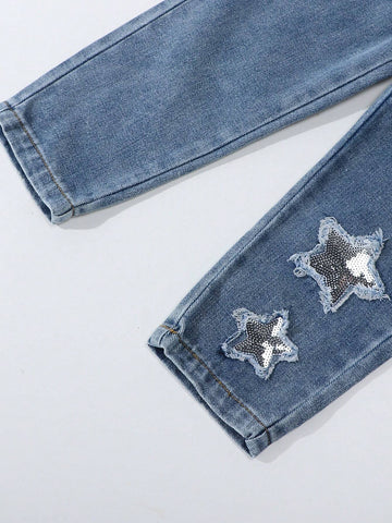 Girls Comfortable Basic Casual Glitter Sequined Embroidered Star Wash Denim Jeans, Everyday Wear