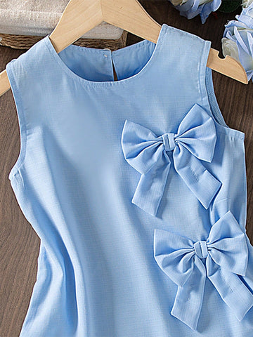 Girls' Comfortable Cute Sleeveless Bow Decor Dress, Summer