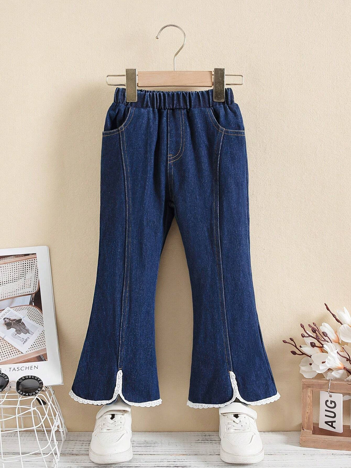 Girls' Comfortable Denim Pants In Blue Color, With Split And Lace Hem, Flared Design, And Patchwork, For Spring And Summer