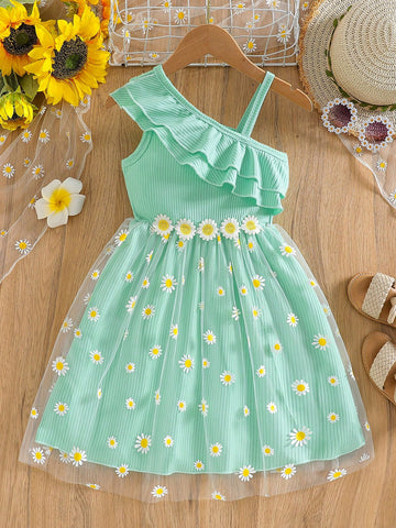 Girls Comfy Polyester Textured 3D Floral Patchwork & Print Mesh Hem Ruffle Trim Asymmetrical Shoulder Dress, Suitable For Outdoor, Gatherings, Summer