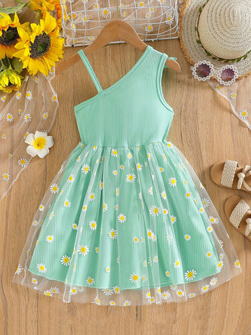 Girls Comfy Polyester Textured 3D Floral Patchwork & Print Mesh Hem Ruffle Trim Asymmetrical Shoulder Dress, Suitable For Outdoor, Gatherings, Summer