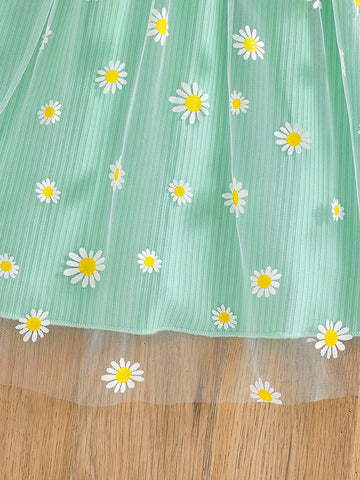 Girls Comfy Polyester Textured 3D Floral Patchwork & Print Mesh Hem Ruffle Trim Asymmetrical Shoulder Dress, Suitable For Outdoor, Gatherings, Summer