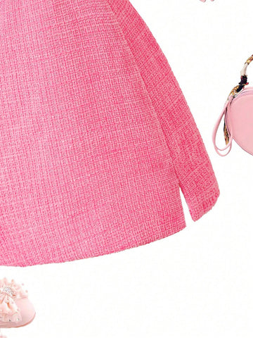 Girl's Commuter Casual Pink A-Line Dress With Two Handmade Bows On Chest, Waist Belt, Shoulder Strap, Faux Pearl Embellishment, Slit Hem, And Waist Cinched, Summer