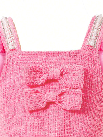 Girl's Commuter Casual Pink A-Line Dress With Two Handmade Bows On Chest, Waist Belt, Shoulder Strap, Faux Pearl Embellishment, Slit Hem, And Waist Cinched, Summer