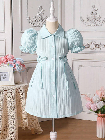 Girls' Commuter & Casual Vertical Stripe Woven Bubble Sleeve Dress With Waist Tie And A-Line Skirt, Spring/Summer, Suitable For Vacation And Home
