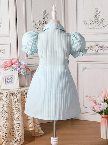 Girls' Commuter & Casual Vertical Stripe Woven Bubble Sleeve Dress With Waist Tie And A-Line Skirt, Spring/Summer, Suitable For Vacation And Home