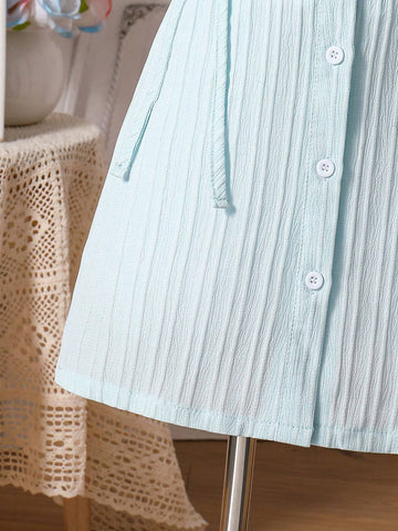 Girls' Commuter & Casual Vertical Stripe Woven Bubble Sleeve Dress With Waist Tie And A-Line Skirt, Spring/Summer, Suitable For Vacation And Home