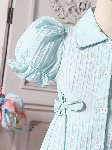 Girls' Commuter & Casual Vertical Stripe Woven Bubble Sleeve Dress With Waist Tie And A-Line Skirt, Spring/Summer, Suitable For Vacation And Home