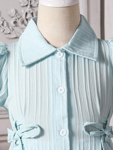 Girls' Commuter & Casual Vertical Stripe Woven Bubble Sleeve Dress With Waist Tie And A-Line Skirt, Spring/Summer, Suitable For Vacation And Home