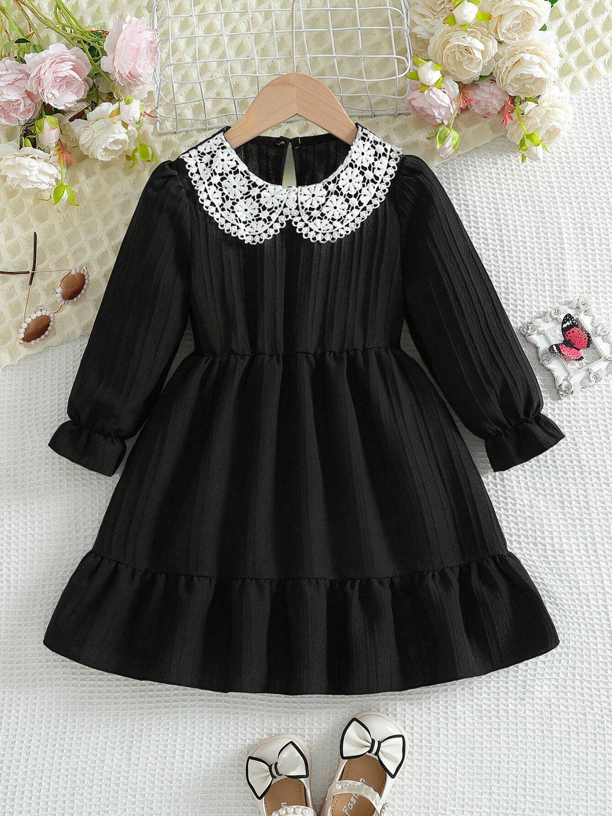 Girls' Contrast Lace Peter Pan Collar Long Sleeve, Waist Tie Ruffle Hem Patchwork Cute Dress, Stylish
