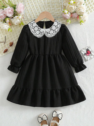 Girls' Contrast Lace Peter Pan Collar Long Sleeve, Waist Tie Ruffle Hem Patchwork Cute Dress, Stylish
