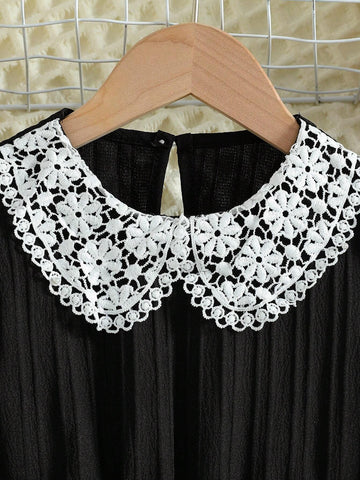 Girls' Contrast Lace Peter Pan Collar Long Sleeve, Waist Tie Ruffle Hem Patchwork Cute Dress, Stylish