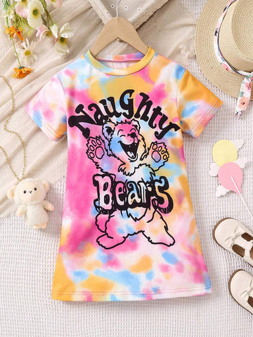 Girls' Cool And Trendy Tie-Dye Bear Graffiti Pattern Casual Loose Oversized Swag Dress With Drop Shoulders, For Streetwear