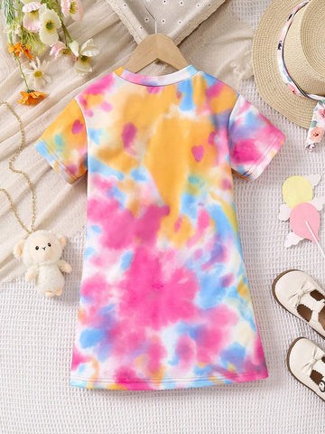 Girls' Cool And Trendy Tie-Dye Bear Graffiti Pattern Casual Loose Oversized Swag Dress With Drop Shoulders, For Streetwear
