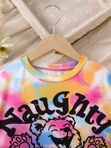 Girls' Cool And Trendy Tie-Dye Bear Graffiti Pattern Casual Loose Oversized Swag Dress With Drop Shoulders, For Streetwear