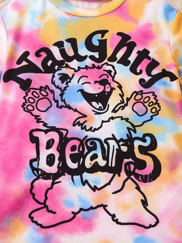 Girls' Cool And Trendy Tie-Dye Bear Graffiti Pattern Casual Loose Oversized Swag Dress With Drop Shoulders, For Streetwear
