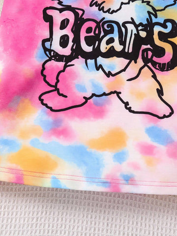 Girls' Cool And Trendy Tie-Dye Bear Graffiti Pattern Casual Loose Oversized Swag Dress With Drop Shoulders, For Streetwear