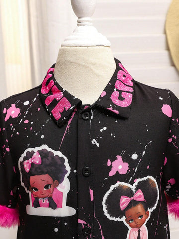 Girls" Cool Fun Ink-Splatter Pattern Printed Dress With Furry Hem And Shirt Collar Design For Toddler Girls