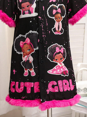 Girls" Cool Fun Ink-Splatter Pattern Printed Dress With Furry Hem And Shirt Collar Design For Toddler Girls