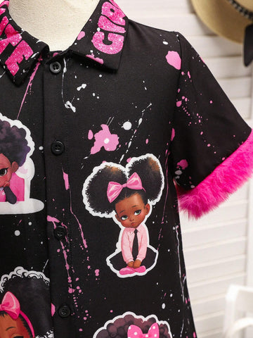 Girls" Cool Fun Ink-Splatter Pattern Printed Dress With Furry Hem And Shirt Collar Design For Toddler Girls