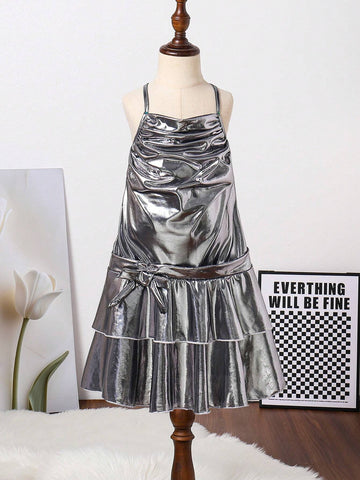 Girls' Cool Metallic Laser Iridescent Fabric Dress With Spaghetti Straps, Low Waistline And Ruffled Hem, Suitable For All Seasons And Parties