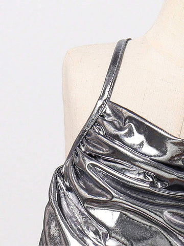 Girls' Cool Metallic Laser Iridescent Fabric Dress With Spaghetti Straps, Low Waistline And Ruffled Hem, Suitable For All Seasons And Parties