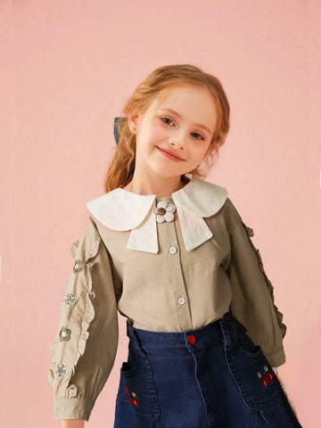 Girls' Cotton Collared Blouse, Colorblock Peter Pan Collar Elegant School Shirt, Casual Tops