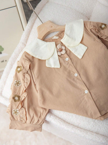 Girls' Cotton Collared Blouse, Colorblock Peter Pan Collar Elegant School Shirt, Casual Tops