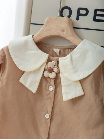 Girls' Cotton Collared Blouse, Colorblock Peter Pan Collar Elegant School Shirt, Casual Tops