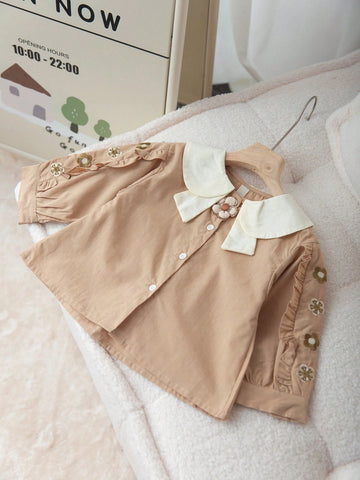 Girls' Cotton Collared Blouse, Colorblock Peter Pan Collar Elegant School Shirt, Casual Tops