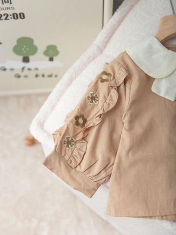 Girls' Cotton Collared Blouse, Colorblock Peter Pan Collar Elegant School Shirt, Casual Tops