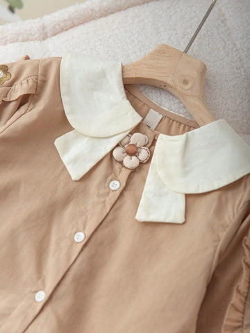 Girls' Cotton Collared Blouse, Colorblock Peter Pan Collar Elegant School Shirt, Casual Tops