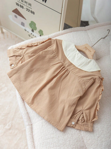 Girls' Cotton Collared Blouse, Colorblock Peter Pan Collar Elegant School Shirt, Casual Tops