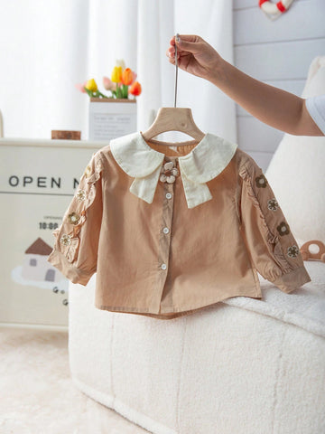 Girls' Cotton Collared Blouse, Colorblock Peter Pan Collar Elegant School Shirt, Casual Tops