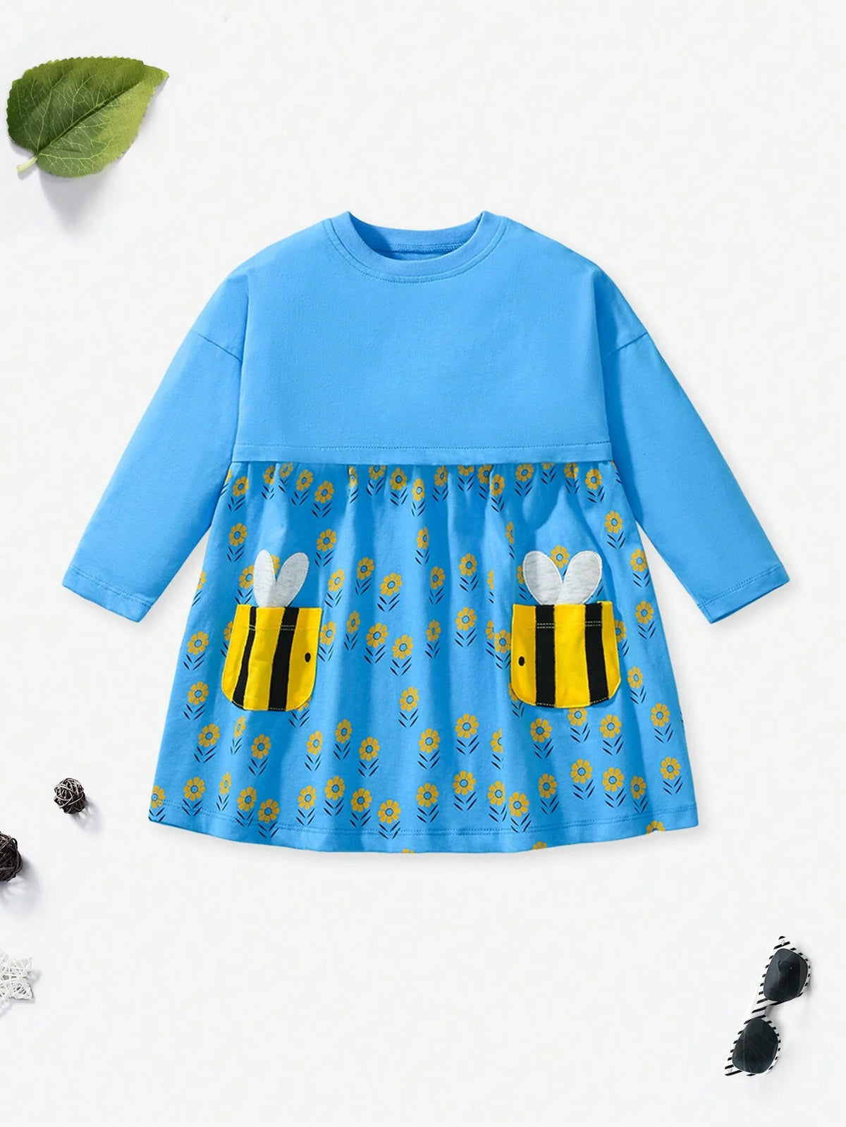 Girls Cotton Long Sleeve Cartoon Bee Applique Pocket Embroidered Dress, Fashionable Princess Frock For Autumn