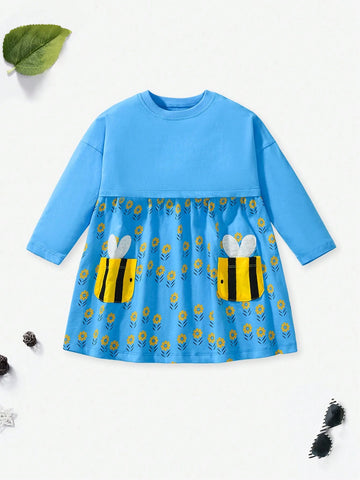 Girls Cotton Long Sleeve Cartoon Bee Applique Pocket Embroidered Dress, Fashionable Princess Frock For Autumn