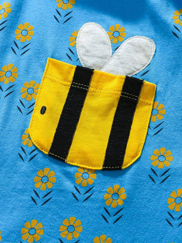 Girls Cotton Long Sleeve Cartoon Bee Applique Pocket Embroidered Dress, Fashionable Princess Frock For Autumn