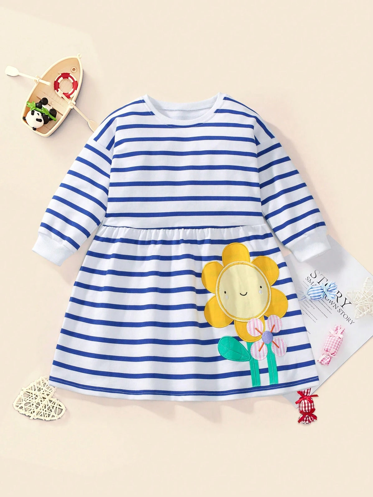 Girls Cotton Long Sleeve Cartoon Sunflower Applique Embroidery Dress, Autumn Fashion Cute Princess Dress