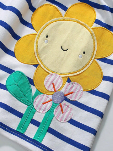 Girls Cotton Long Sleeve Cartoon Sunflower Applique Embroidery Dress, Autumn Fashion Cute Princess Dress