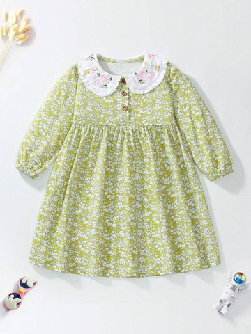 Girls' Cotton Long Sleeve Printed Floral Dress, Fashionable Young Girl Doll Dress For Autumn