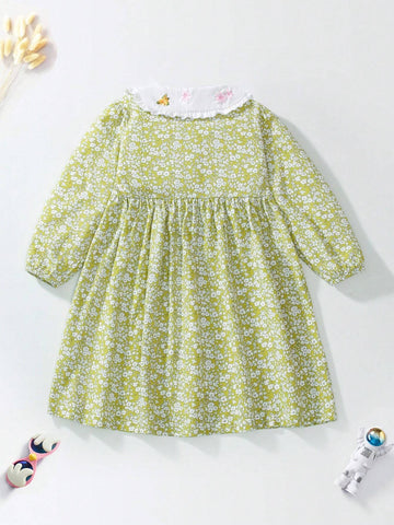 Girls' Cotton Long Sleeve Printed Floral Dress, Fashionable Young Girl Doll Dress For Autumn