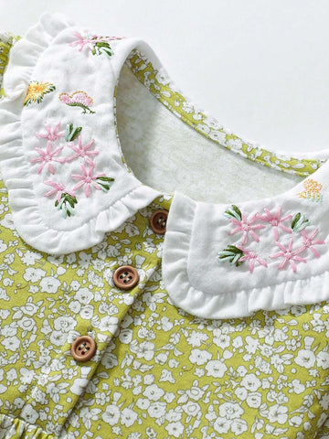 Girls' Cotton Long Sleeve Printed Floral Dress, Fashionable Young Girl Doll Dress For Autumn