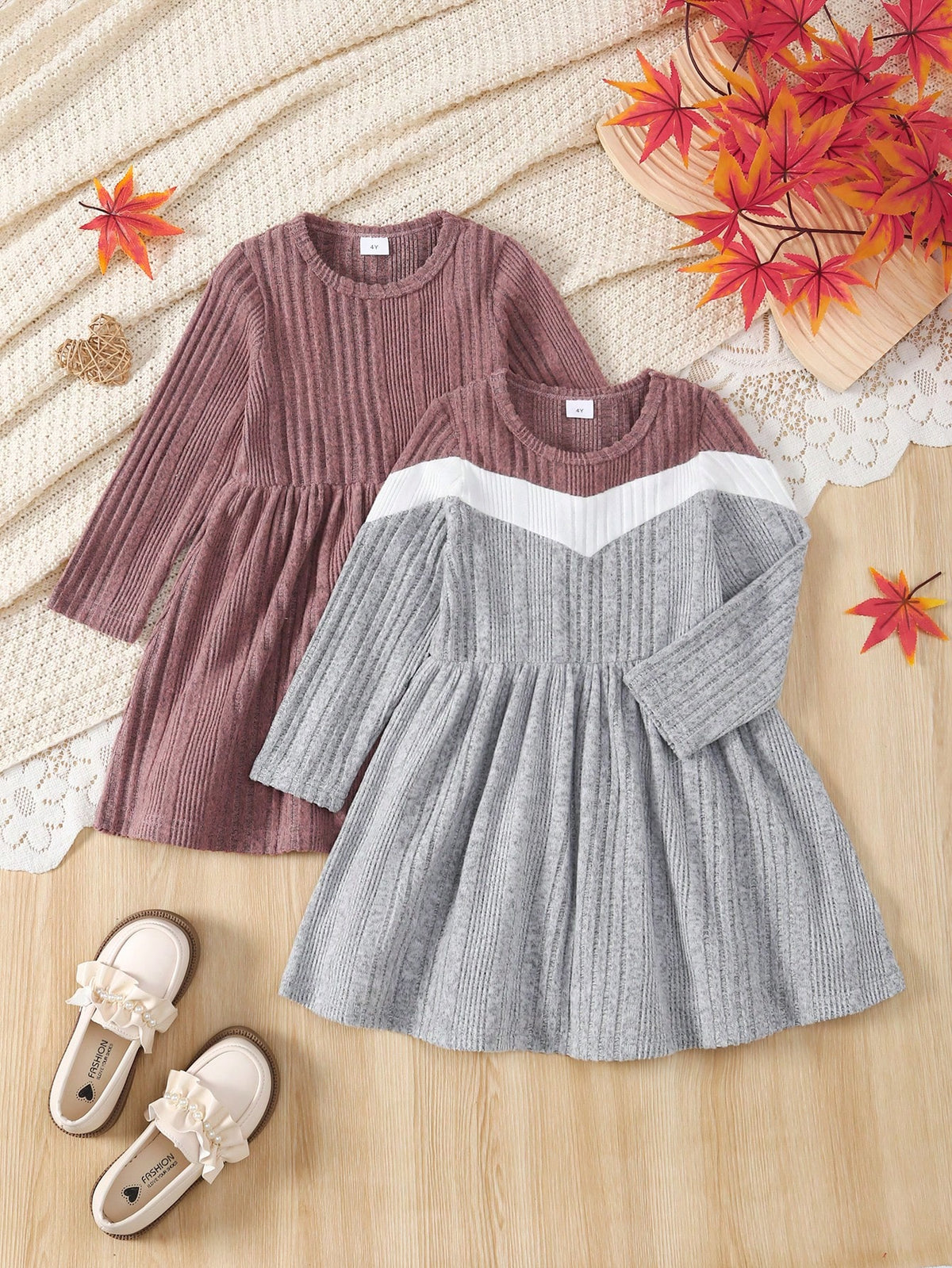 Girls' Crew Neck Patchwork Color Block Elegant Fashion Comfortable Long Sleeve Waisted Dress, Suitable For Spring/Autumn