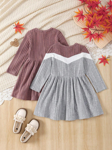 Girls' Crew Neck Patchwork Color Block Elegant Fashion Comfortable Long Sleeve Waisted Dress, Suitable For Spring/Autumn